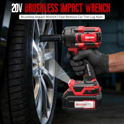 960N.m high Torque 1/2 Impact Wrench Set 2X 4.0Ah Battery | 20v Brushless cordless Electric Impact Driver 4 sleeve, outdoor Vehicle mounted Car tire Lug Nut removal tools
