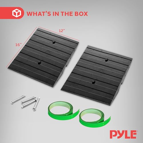 Pyle 1 Ft. Rubber Threshold Curb Ramp - Heavy Duty Non-Slip Rubber, Easy Mounting with Expansion Screws, Green Reflective Strips - Ideal for Driveways, Sidewalks, and Vehicle Ramps - 12.0"x16.0"x 2.6" - color: Green, size: Pack of 2