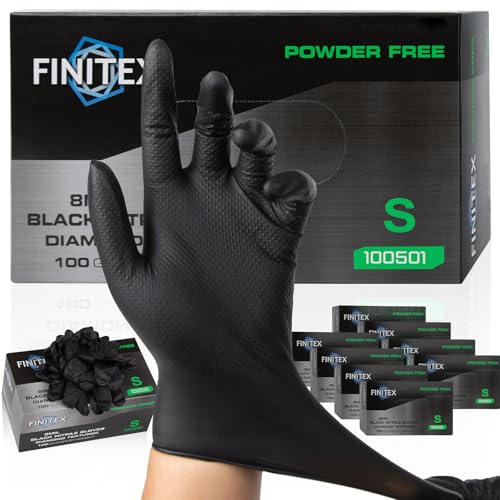 FINITEX Industrial Diamond Texture Nitrile Black Glove - 100/1000PCS Chemical Resistant 8mil Mechanic Disposable Gloves - color: Black (Small 1000)