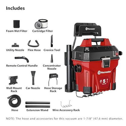 Vacmaster 5-Gallon* 5 Peak HP† Remote Control Wall Mount Wet/Dry Vac – VWMB508 1101 - color: Red