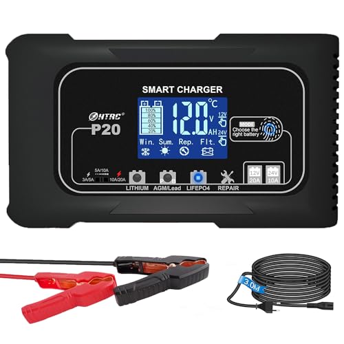 SolaMr Lithium Lifepo4 Battery Charger, 20Amp 12V and 24V Portable Smart Car Battery Charger, Trickle Charger for Lead-Acid(AGM/Gel/SLA..), Deep Cycle Charger for Marine, RV, Motorcycle (P20) - size: P20 Battery Charger