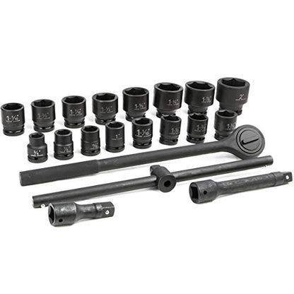 Stark USA 21-Pieces 3/4" Drive Deep Impact Socket Set Sliding T-Bar Master SAE Adapter, Ratchet, Extension Bars (3/4" - 2" inch) Large Vehicle & Equipment Maintenance