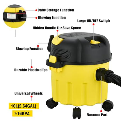 Wet-Dry Vacuum, 3-in-1 Portable Shop Vacuum Cleaner with 2 Peak HP Power Suction, Lightweight Wet Dry Vacuum with Blower & Wall Mount Design for Car, Pet Hair, Hard Floor - size: 1000W--4.5M