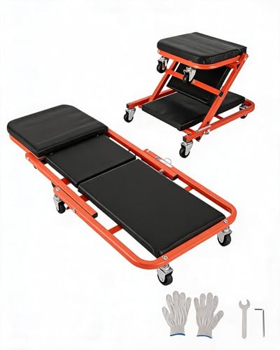 36 Inch 2-in-1 Foldable Z-Creeper Seat with Wheels, Rolling Mechanic Creeper Under Car, 330 LBS Weight Capacity Garage Shop Repair Stool with 6 Swivel Casters for Automotive Maintenance - color: Black&Orange