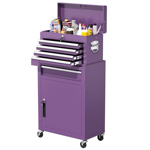 Greenvelly Tool Chest, 5-Drawer Rolling Tool Chest with Hooks and Lockable Wheels, Detachable Top Tool Box, Toolbox with Wheels, Rolling Tool Box for Mechanics Garage Workshop and Tool Room (Purple) - color: Purple, size: 5 Drawers