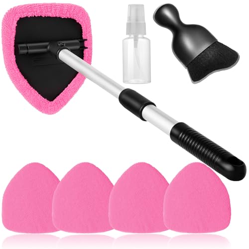 Qydipclin 7pcs Windshield Cleaner Tool Car Window Cleaning Wash Kit with 4 Reusable Microfiber Pads 1 Spray Bottle and Extendable Handle Auto Glass Wiper Kit, Pink - color: Pink