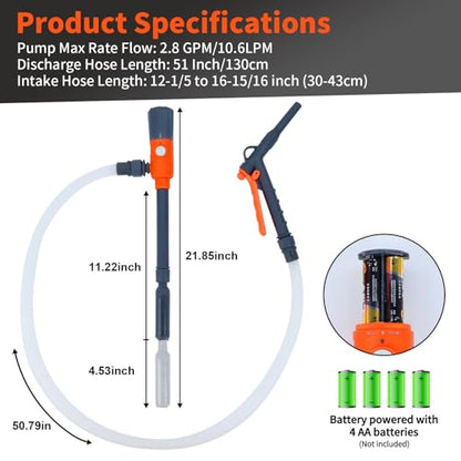 Fuel Transfer Pump with Hand Nozzle, 2.8 GPM Gas Can Pump with Retractable Intake Pipe and 51 Inch Discharge Hose, Portable Battery Powered Liquid Siphon Pump for Oil, Gasoline, Diesel