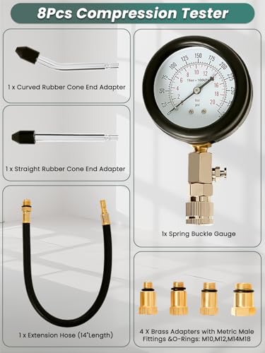 0-300psi Compression Tester 8pcs Small Engine Cylinder Compression Tester Kit with Adapters for Cars Trucks Motorcycles
