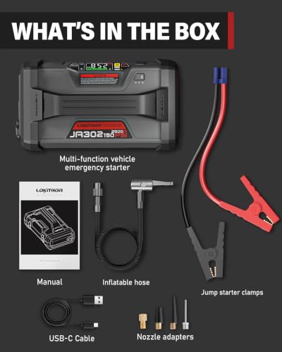 LOKITHOR JA302 Jump Starter with Air Compressor, 2500Amp 12V Portable Car Battery Booster Pack for Upto 8.5L Gas or 6.5L Diesel, 150 PSI Tire Inflator with Digital Screen, 36 Months Ultra-Long Standby