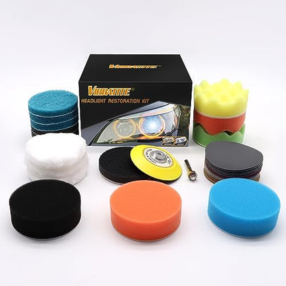 VIBRATITE 41PCS Headlight Restoration Kit, 3" Drill Sanding & Polishing Kit | Removes Cloudy Headlights, Oxidation, Yellowing and Minor Scratches, Restorer to Like-New Condition - size: 41 PCS