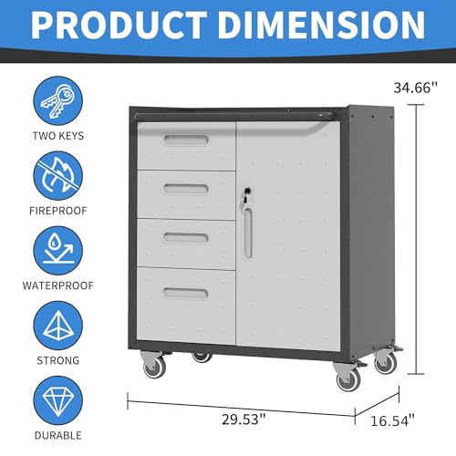 Metal Storage Cabinet for Garage, Tool Cabinet, Utility Cabinet | Wheeled, Rolling Tool Cabinet, 4 Drawers, 1 Door Lockable, Top Countertop, Assembly Required, Black & Grey - color: Black & Grey