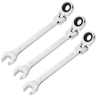 3 Pack 10mm Flex Head Ratcheting Wrench, 10mm Ratcheting Combination Wrench, Chrome Vanadium Steel Gear Wrench, 5° Movement, 72 Tooth