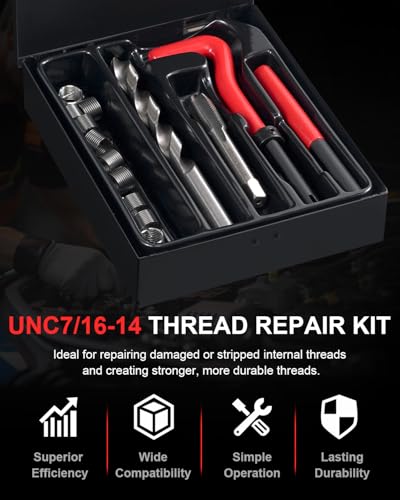 Kolvoii UNC 7/16"-14 Helicoil Thread Repair Kit, SAE Helicoil Kit | Restore 7/16-14 threads with stainless inserts, drill and tap tools for trucks, machinery and heavy equipment repair - size: 7/16"-14