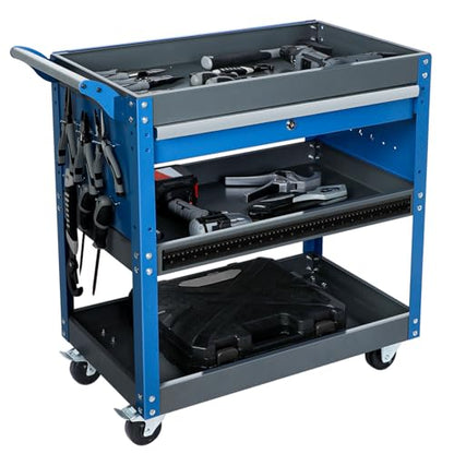 3 Tier Tool Cart,440 LBS Capacity Rolling Tool Cart with Drawers,Heavy Duty Industrial Service Cart on Wheels with Pegboard Hooks for Mechanics,Garage,Warehouse,Workshop,Blue