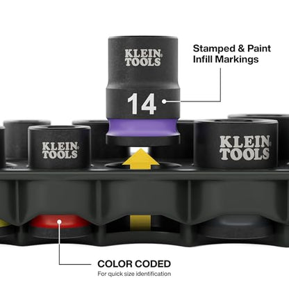 Klein Tools 80207 Grab-And-Go Impact Socket Sets, SAE and Metric, 20-Piece Set with Sleeves, Carabiners, 3/8-Inch Drive, Color-Coded, 1/4-Inch to 3/4-Inch, 8 mm to 19 mm Sockets - size: 20-Piece