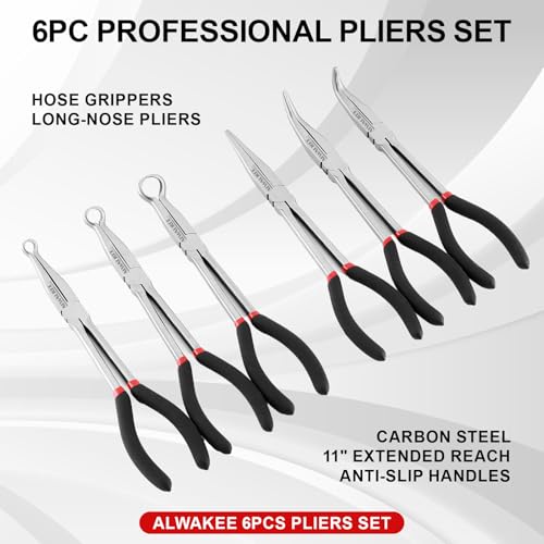 11" Extended Needle Nose Pliers Set, 6-Piece Hose Grip Pliers with Bent & Straight Jaws, Carbon Steel for Tight Spaces