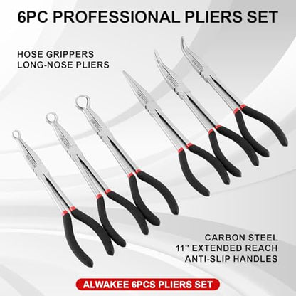 11" Extended Needle Nose Pliers Set, 6-Piece Hose Grip Pliers with Bent & Straight Jaws, Carbon Steel for Tight Spaces