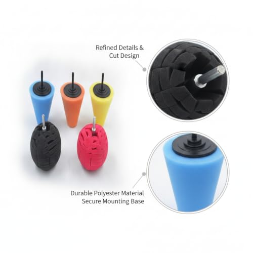 5-Piece Polyester Sponge Polishing Pad Set, Cone & Ball Shapes for Auto Detailing, Fits Rotary & Orbital Polishers, 3.15 x 4.72 in