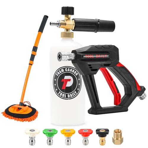 Tool Daily Short Pressure Washer Gun with Foam Cannon, 15° Curved Car Wash Brush with Long Handle, 5 Nozzle Tips, 1/4” Quick Connect - style: Foam Gun with Brush