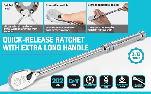 DURATECH Extra Long Handle 3/8-Inch Drive Ratchet, 90-Tooth Ratchet Wrench with 12" Handle and Dust Proof Teardrop Enclosed Head, Reversible, CR-V Steel Made, CR-MO Head, Full Polished, Gifts for Men - size: 3/8" with 12" handle