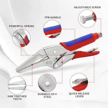 9 Inch Needle Nose Vice Grip Locking Pliers with CR-V Jaws | Long nose locking grip with quick release lever, adjustable screw and non-slip TPR handle for automotive and electronics