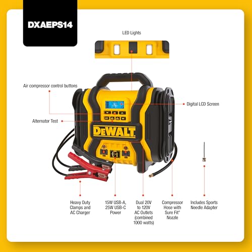 DEWALT DXAEPS14 2000 Amp Portable Battery Jump Starter with Compressor | Power Station with 500W AC Power and 15W USBa & 25W USB