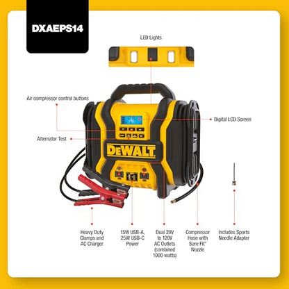 DEWALT DXAEPS14 2000 Amp Portable Battery Jump Starter with Compressor | Power Station with 500W AC Power and 15W USBa & 25W USB