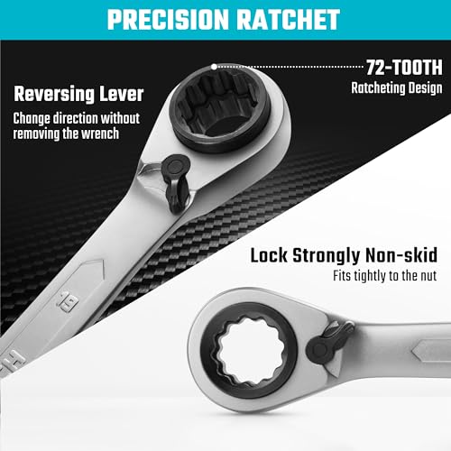 DURATECH 4-in-1 Reversible Ratcheting Box Wrench Set, Metric, 2-Piece | Double Box End, 8mm, 10mm, 12mm, 13mm & 14mm, 15mm, 17mm, 19mm, CR-V Steel, Matte Chrome Plated, Rolling Pouch - style: Regular & Metric