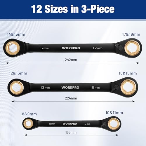 WORKPRO 3-Piece 4-in-1 Reversible Ratcheting Wrench Set, 12 Sizes in 3 Wrenches (8MM to 19MM), Metric, Anti-Slip, Double Box End, 72-Tooth, CR-V, 6-Point, with Storage Bag - for Repair & Maintenance - style: Metric