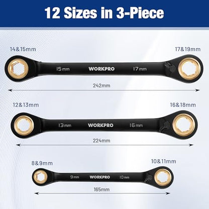 WORKPRO 3-Piece 4-in-1 Reversible Ratcheting Wrench Set, 12 Sizes in 3 Wrenches (8MM to 19MM), Metric, Anti-Slip, Double Box End, 72-Tooth, CR-V, 6-Point, with Storage Bag - for Repair & Maintenance - style: Metric