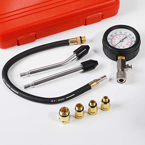Yonligonju 8PCS Compression Tester Kit 0-300 PSI Petrol Gas Engine Cylinder Pressure Gauge Automotive Tool for Motorcycle Car Truck (Red) - color: Red