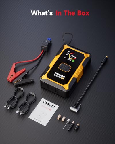 GOOLOO A5 Jump Starter with Air Compressor, 4000A Car Battery Booster | 4-in-1: 4000A Portable Car Jump Starter - 160 PSI Auto-Off Inflator - 45W USB-C Output with Built-In Cable - LED Flashlight - color: Yellow