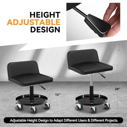 Auto Dynasty Universal Max 330 Lbs Stool Adjustable Mechanic Rolling Garage Padded Seat with Tool Tray Casters for Household Home Garage Warehouse Office, Black