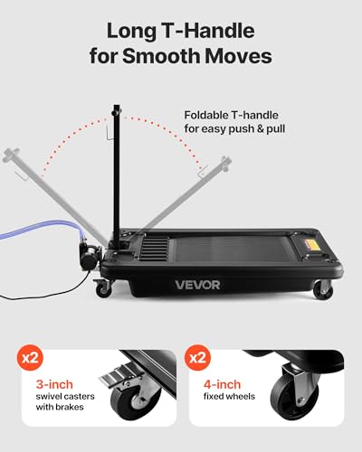 VEVOR Low Profile Oil Drain Pan, 17-Gallon Plastic Oil Change Pan, Effective Oil Drain Cart with 180W Electric Pump, Wheels & Folding Handle, Oil Drain Tank for Cars, SUVs, Trucks, Buses, RVs
