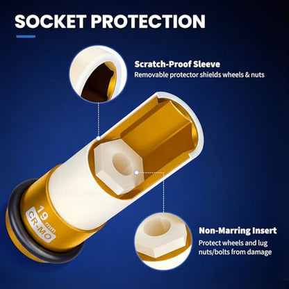 1/2" Drive 19mm Wheel Lug Nut Impact Socket,Color-Coded Non-Marring Deep Thin Wall Socket with Removable Protect Sleeve, 6 Point, Cr-Mo Steel - color: 19mm
