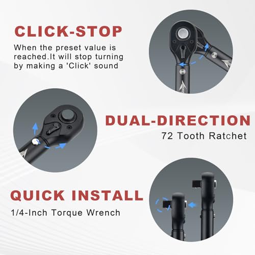 AEROFORCE 1/4-Inch Drive Click Torque Wrench (40-220 lb.in / 4.5-24.8 Nm),72 Tooth Dual Direction Reversible Ratchet with Dual Range Scales, Precision Calibrated for Bikes & DIY