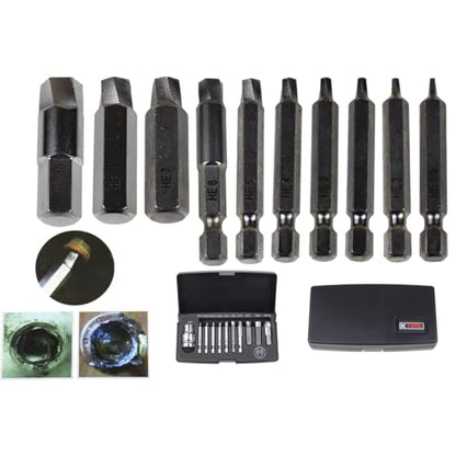 K Tool International 75422 Hex Screw Extractor Set for Garages, Repair Shops and DIY, Silicon Alloy Steel, Heat-treated, Chrome-plated, (3) 1/4", (3) 10mm, (1) 1/2" Drives, Damaged Screws, Molded Case