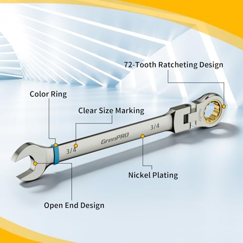 GRENPRO 23PCS Flex-Head Ratcheting Wrench Set, Combination Ratchet Wrenches Set Metric and Standard & SAE with Organizer Box, 6-18mm & 1/4" to 3/4" with Color Ring, Nickel Plating Socket Mechanic Tool - style: 23PCS Nickel Flex-Head Ratcheting Wrench Set