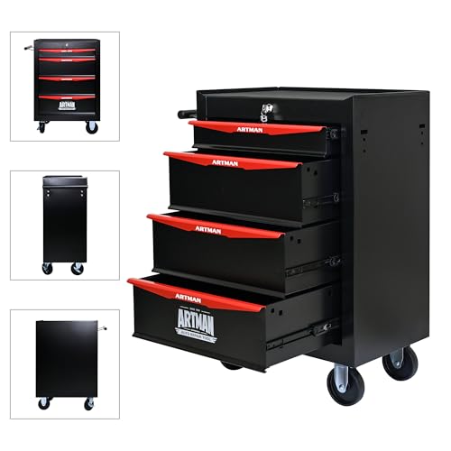 RYH 4/5/6/7 Drawers Rolling Tool Chest - Heavy Duty Mobile Tool Cart with Locking Wheels & Ball Bearing Drawers, 30.5" H x 20.9" W x13 D Garage Tool Storage Cabinet，Metal Tool Box (Black, 4 Drawers) - color: Black-red, size: 4 Drawers（30"H × 20"W × 13"D)