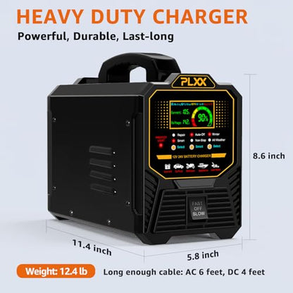 PLXX 12V 24V 0-15A Automatic Car Battery Charger Heavy Duty, Smart Trickle Charger, Battery Repairer with Auto Shut-Off, for Car Truck Motorcycle Boat RV Lawn Mower AGM Gel Wet MF Deep Cycle