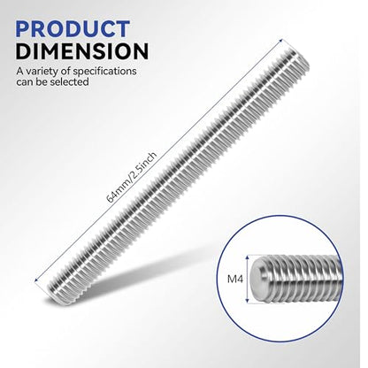 24 Pcs 304 Stainless Steel M4 Fully Threaded Rod,2.5"(64mm) Threaded Rod,Right Hand Threads，with Nuts (24, M4x64mm) - size: M4x64mm