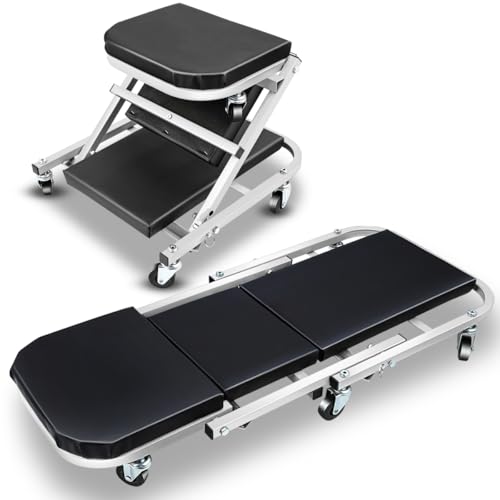 Foldable Rolling 2-in-1 Z Creeper & Seat, 36" Low-Profile Roller Mechanics Under Car Chair 330 LBS Weight Capacity Garage Roller Creeper with 6 Swivel Casters - color: Silver/Black, size: 35.2"L x 16.33"W x 3.54"H