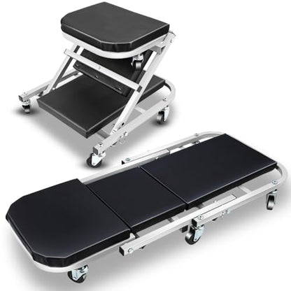 Foldable Rolling 2-in-1 Z Creeper & Seat, 36" Low-Profile Roller Mechanics Under Car Chair 330 LBS Weight Capacity Garage Roller Creeper with 6 Swivel Casters - color: Silver/Black, size: 35.2"L x 16.33"W x 3.54"H