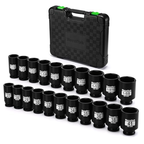 TecoTek 1/2" Drive Deep 6-Point Impact Socket Set, 21-Piece Spindle Axle Nut Impact Socket Set, CR-MO, SAE (1-1/16-Inch to 1-5/8-Inch) and Metric (27mm to 41mm) - size: 1-1/16-Inch to 1-5/8-Inch (21 pieces)