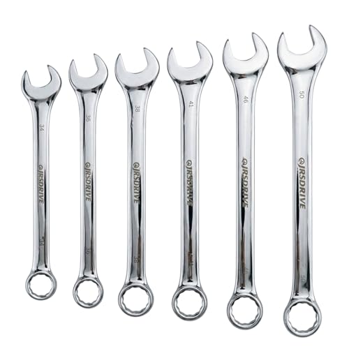 Jumbo Combination Wrench Set, 6 Piece Metric Sizes 34 to 50 MM, Heavy Duty CR-V Steel Construction, Industrial Grade Spanner Kit for Automotive, Workshop & Mechanical Use E-2004J_MM