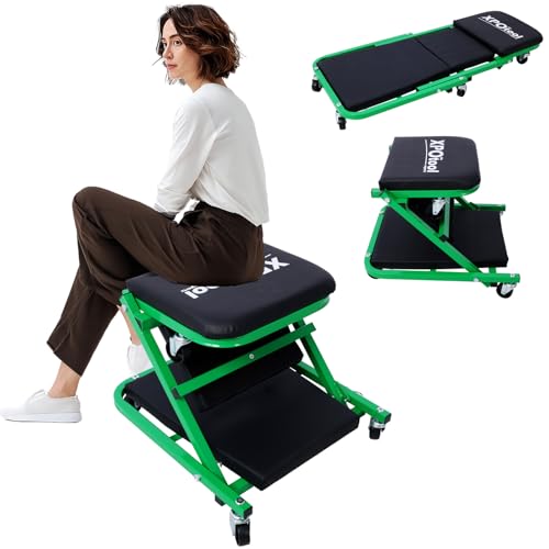 2-in-1 Mechanic Creeper, 36" Z Creeper Seat, 330 LBS Capacity, Folding Creepers Automotive with 6 Wheels, Low Profile Creepers for Garage Shop, Crawler for Mechanic (Green+Black) - color: Green+black