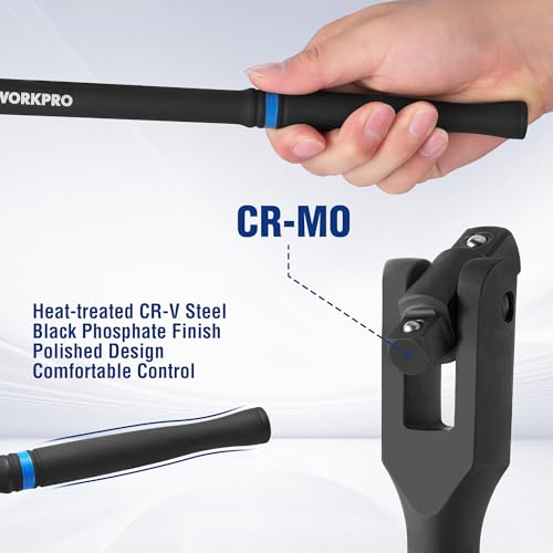WORKPRO 16-inch Dual Drive Breaker Bar, 3/8" & 1/2" Drive, Heavy Duty Breaker Bars with 360° Flex Head, Spring-loaded Detent Ball, CR-MO Head, Premium Chrome Vanadium Steel with Black Phosphate Finish - color: Black, size: 16" × Dual Drive 3/8"+1/2"