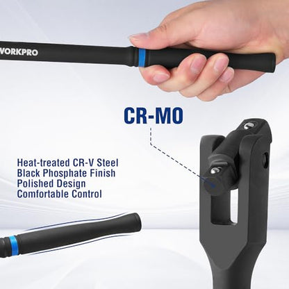 WORKPRO 16-inch Dual Drive Breaker Bar, 3/8" & 1/2" Drive, Heavy Duty Breaker Bars with 360° Flex Head, Spring-loaded Detent Ball, CR-MO Head, Premium Chrome Vanadium Steel with Black Phosphate Finish - color: Black, size: 16" × Dual Drive 3/8"+1/2"