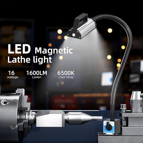 Magnetic Work Light, Led Magnetic Lamp, IP65 Water Proof Flexible Gooseneck Lamp 1600 Lumens for Lathe Milling, Drill Press, Industrial Lighting, with 6T Magnetic Base