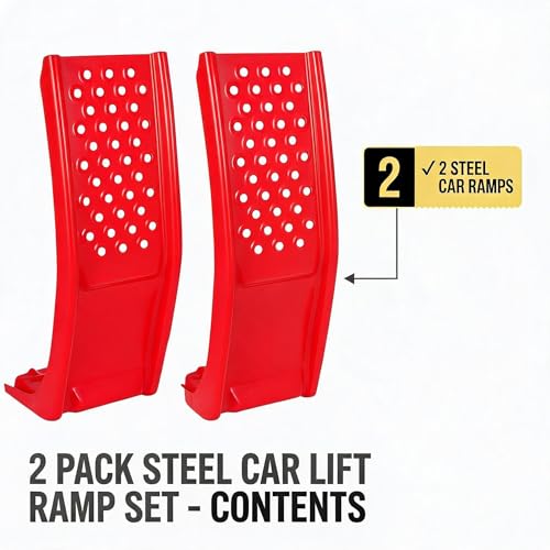8 Inch Lift Solid Steel Car Ramps 2 Pack, 8000 LBS Total Capacity 2000 LBS Per Ramp, Heavy Duty Anti-Slip Truck Ramps, Auto Service Ramps for Oil Change & Vehicle Repair Maintenance (Red)